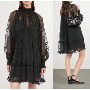 NEW - The Kooples Plumetis Black Sheer Polka Dot Dress + Slip Dress Cami- Size S